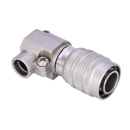 4-pin DC male connector, right-angle metal housing with knurled grip and pin opening