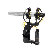Black shotgun microphone shock mount stand with yellow springs and cable
