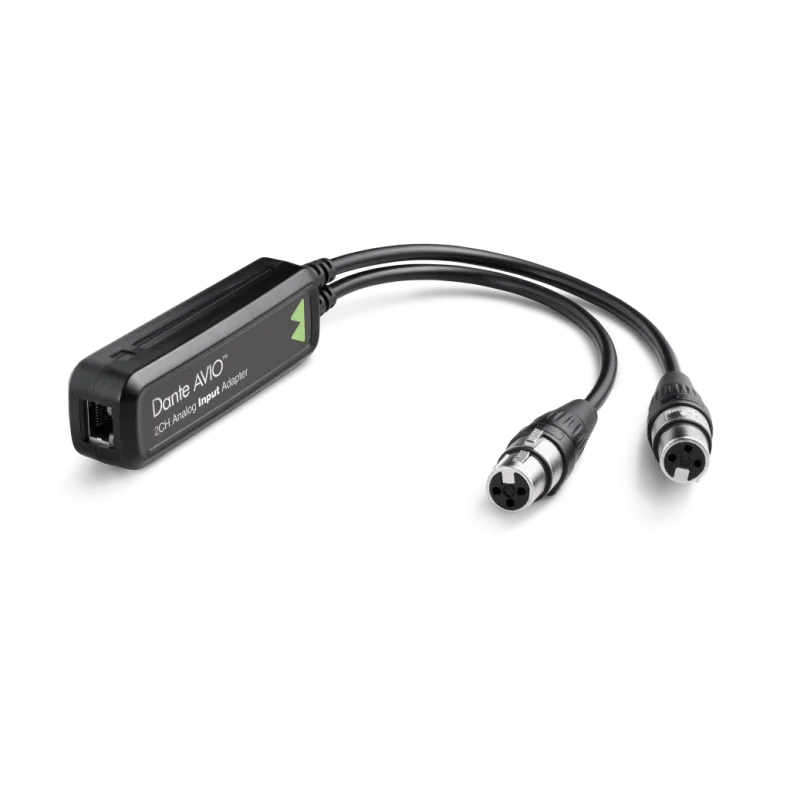 Audinate Dante AVIO analogue input adapter, black housing with cable and XLR-style connectors