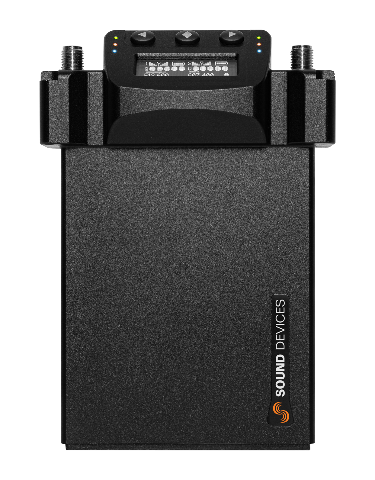 Black audio recorder with top display and controls, SOUND DEVICES label