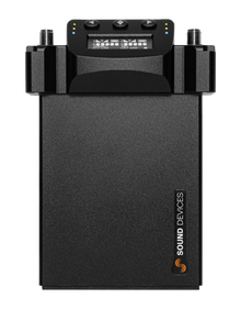 Black audio recorder with top display and controls, SOUND DEVICES label