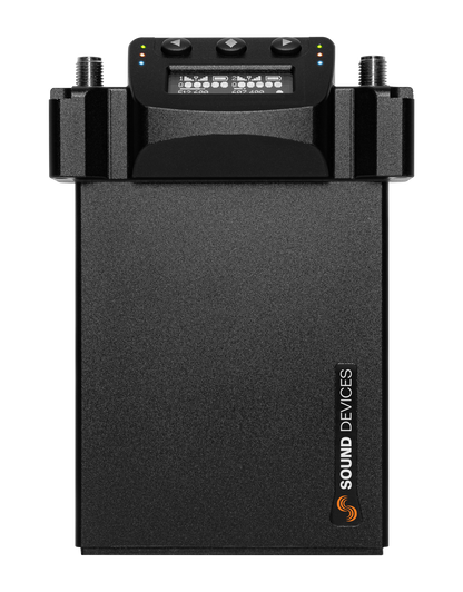 Black audio recorder with top display and controls, SOUND DEVICES label