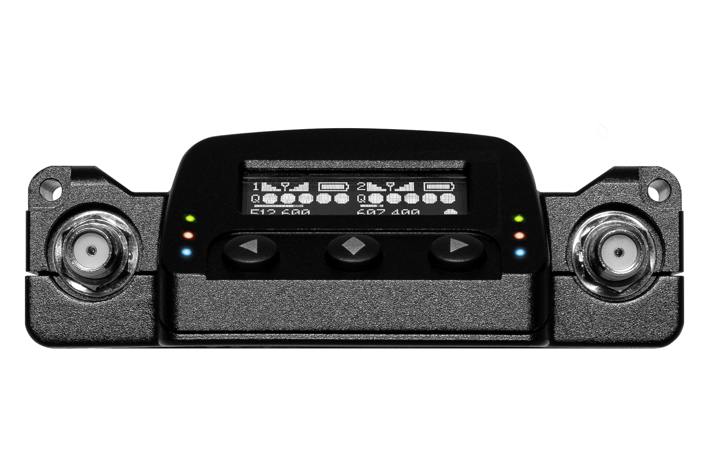 Front view black audio recorder with display, control buttons, and side ports