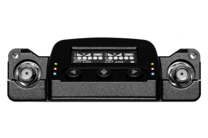 Front view black audio recorder with display, control buttons, and side ports