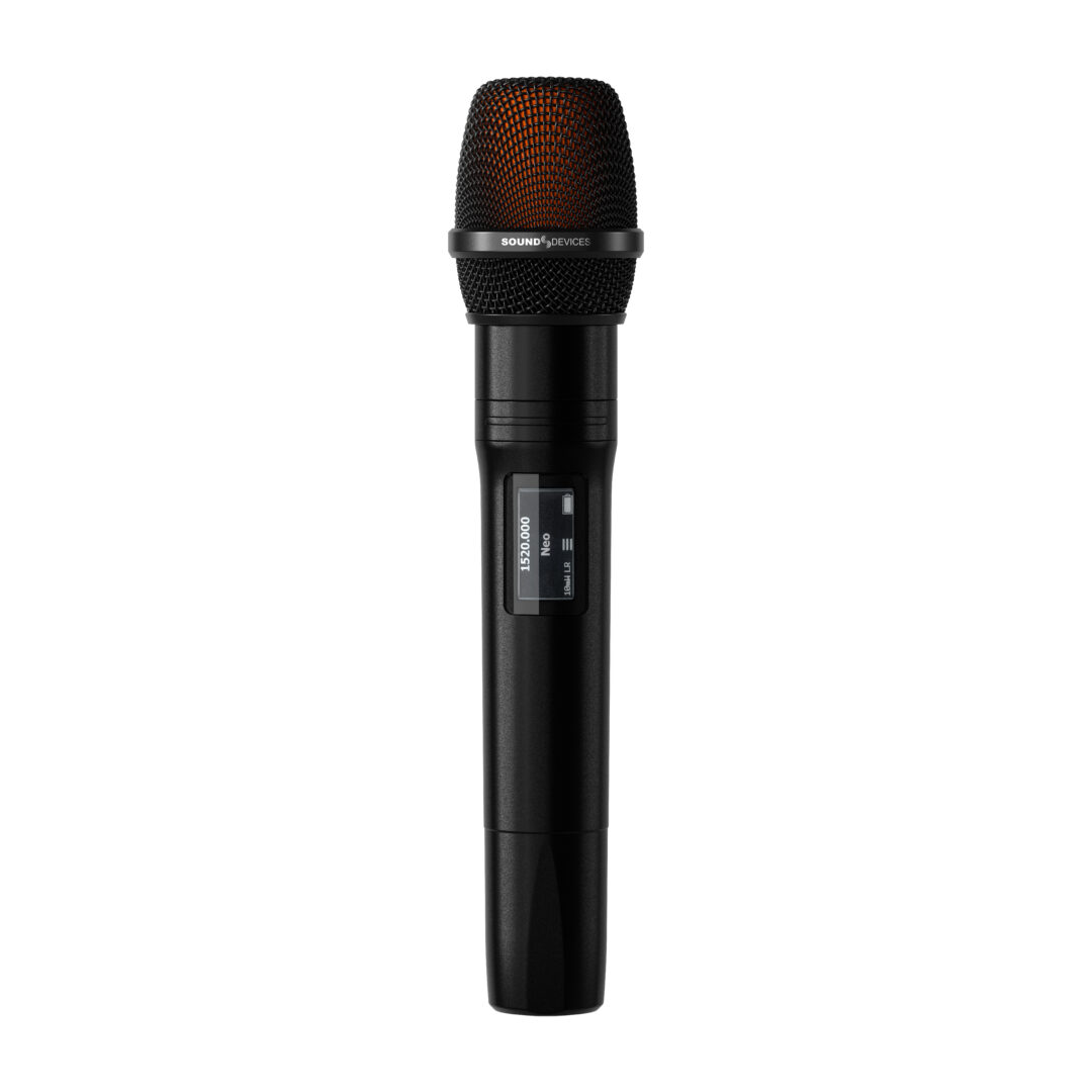 Black handheld microphone with orange mesh grille and display panel