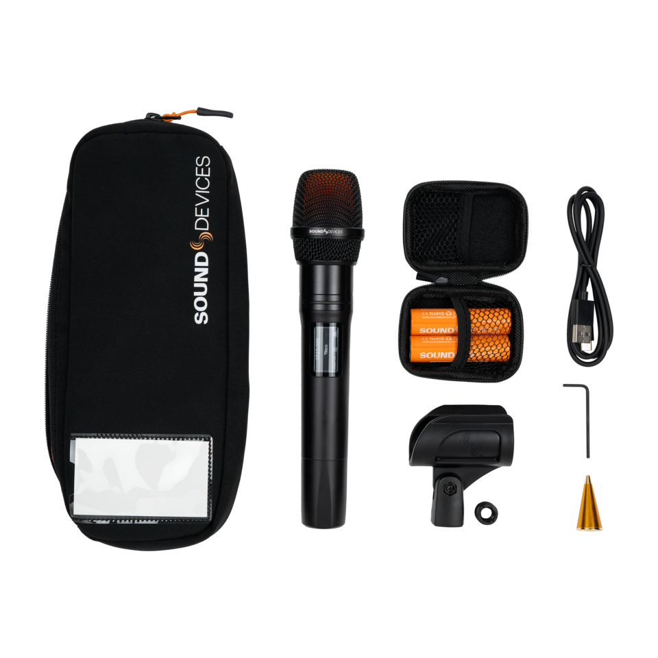 Handheld microphone kit with black pouch, microphone, case, cable, and accessories