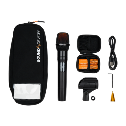 Handheld microphone kit with black pouch, microphone, case, cable, and accessories
