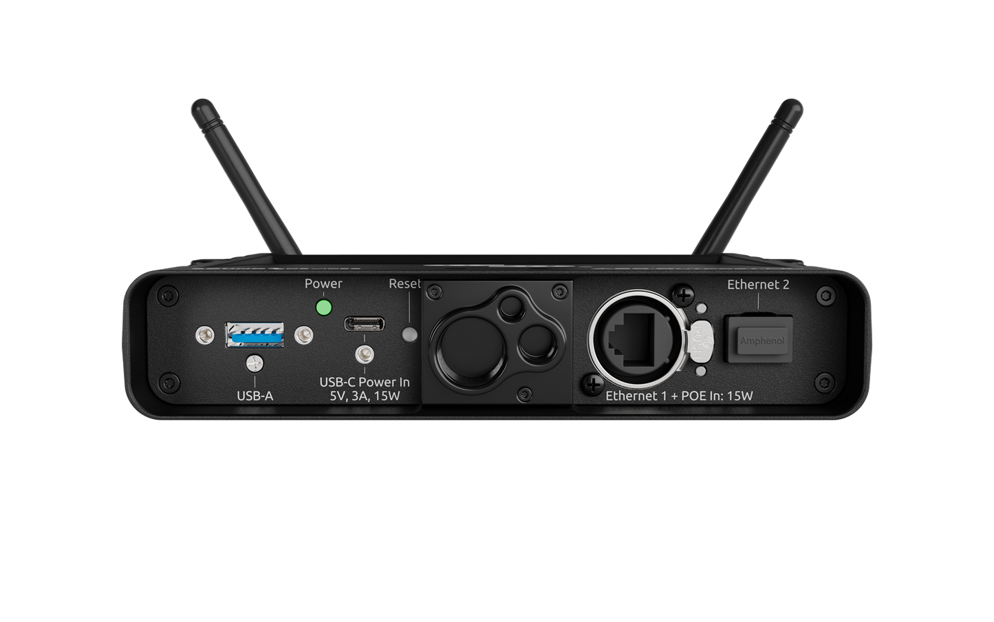 Wireless network extender with dual antennas and rear I/O ports, dark gray