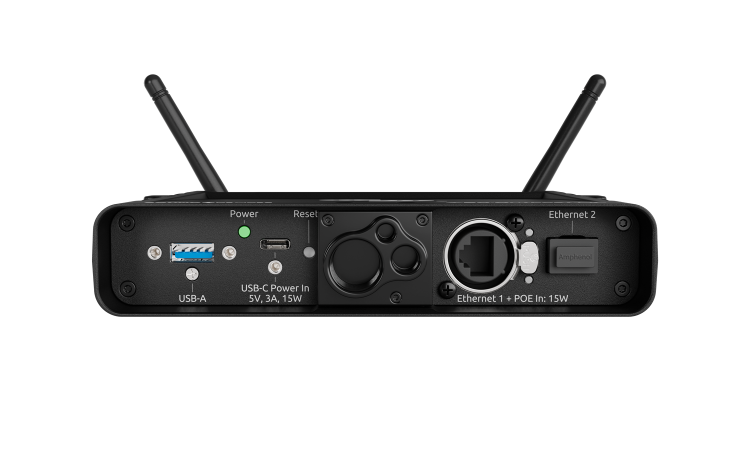 Wireless network extender with dual antennas and rear I/O ports, dark gray