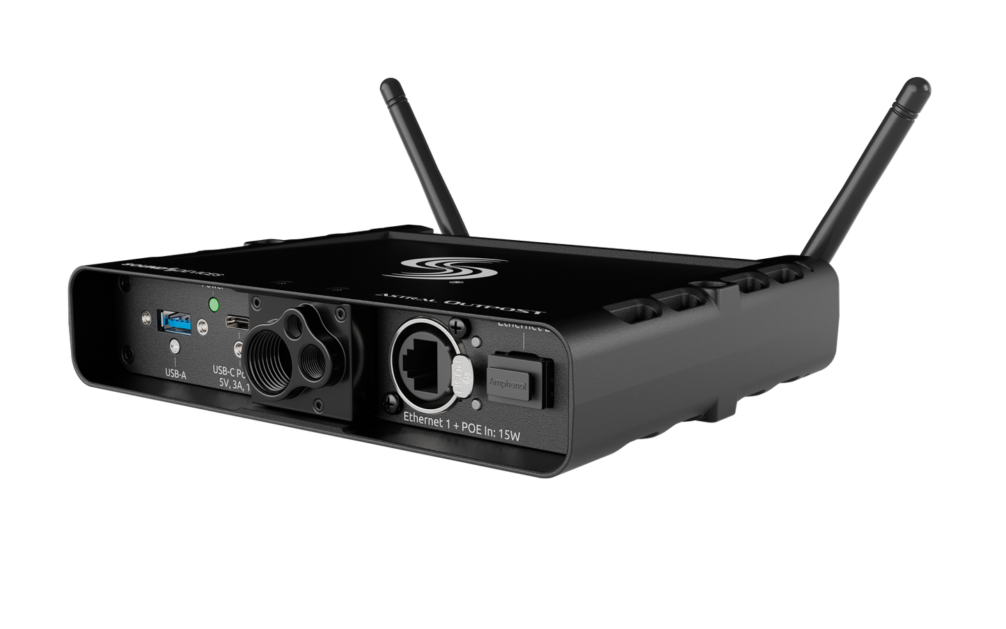 Wireless network extender with dual antennas and front status LED, dark gray