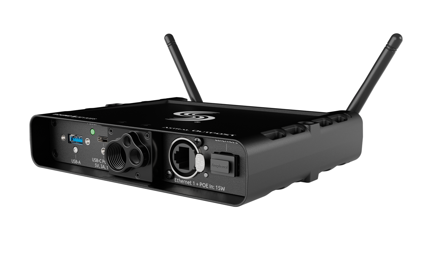 Wireless network extender with dual antennas and front status LED, dark gray