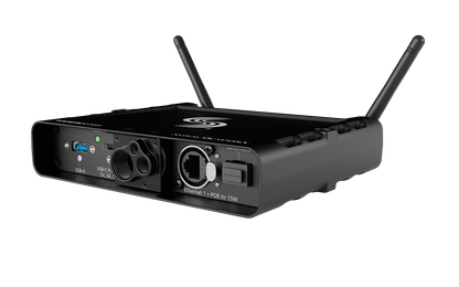 Wireless network extender with dual antennas and front status LED, dark gray