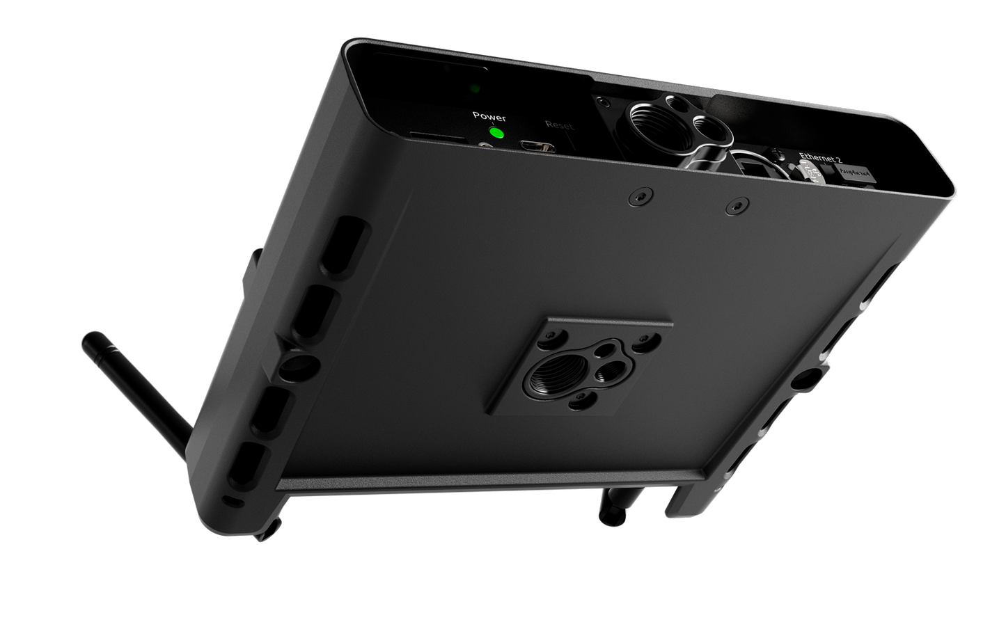 Wireless network extender base with vented panels, dual antennas, dark gray