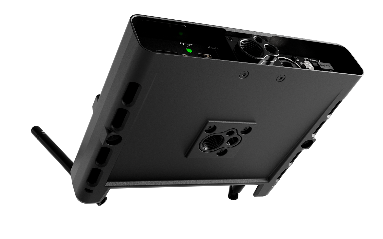 Wireless network extender base with vented panels, dual antennas, dark gray