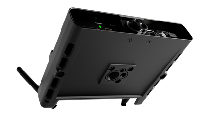 Wireless network extender base with vented panels, dual antennas, dark gray