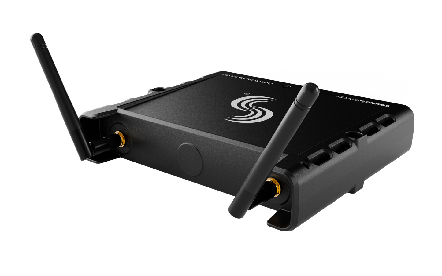 Wireless network extender top view with dual antennas and power button, dark gray