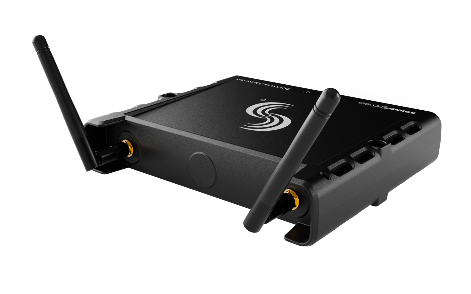 Wireless network extender top view with dual antennas and power button, dark gray