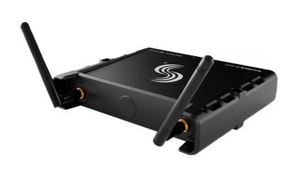 Wireless network extender top view with dual antennas and power button, dark gray