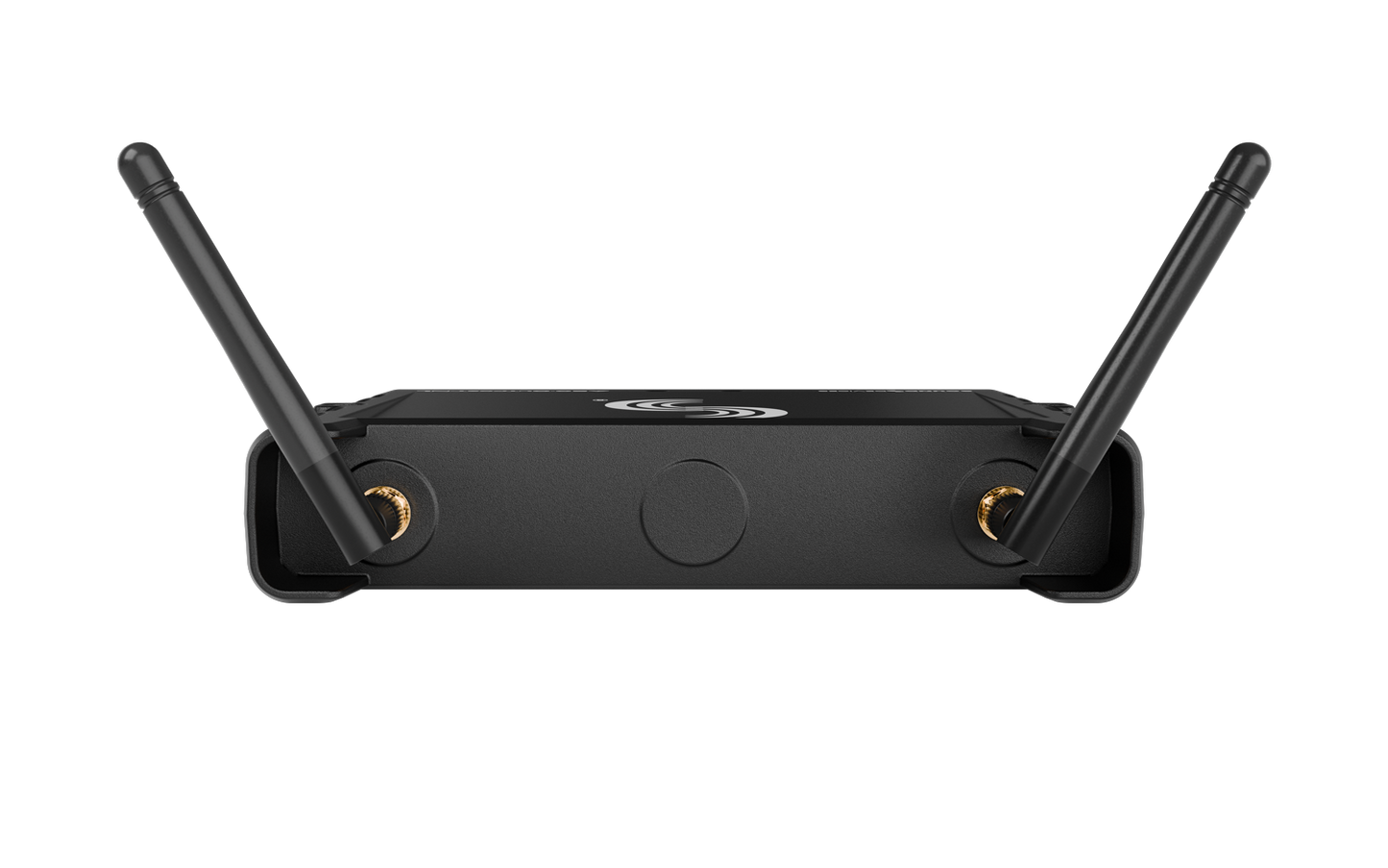 Wireless network extender front view with dual antennas and indicator lights, dark gray