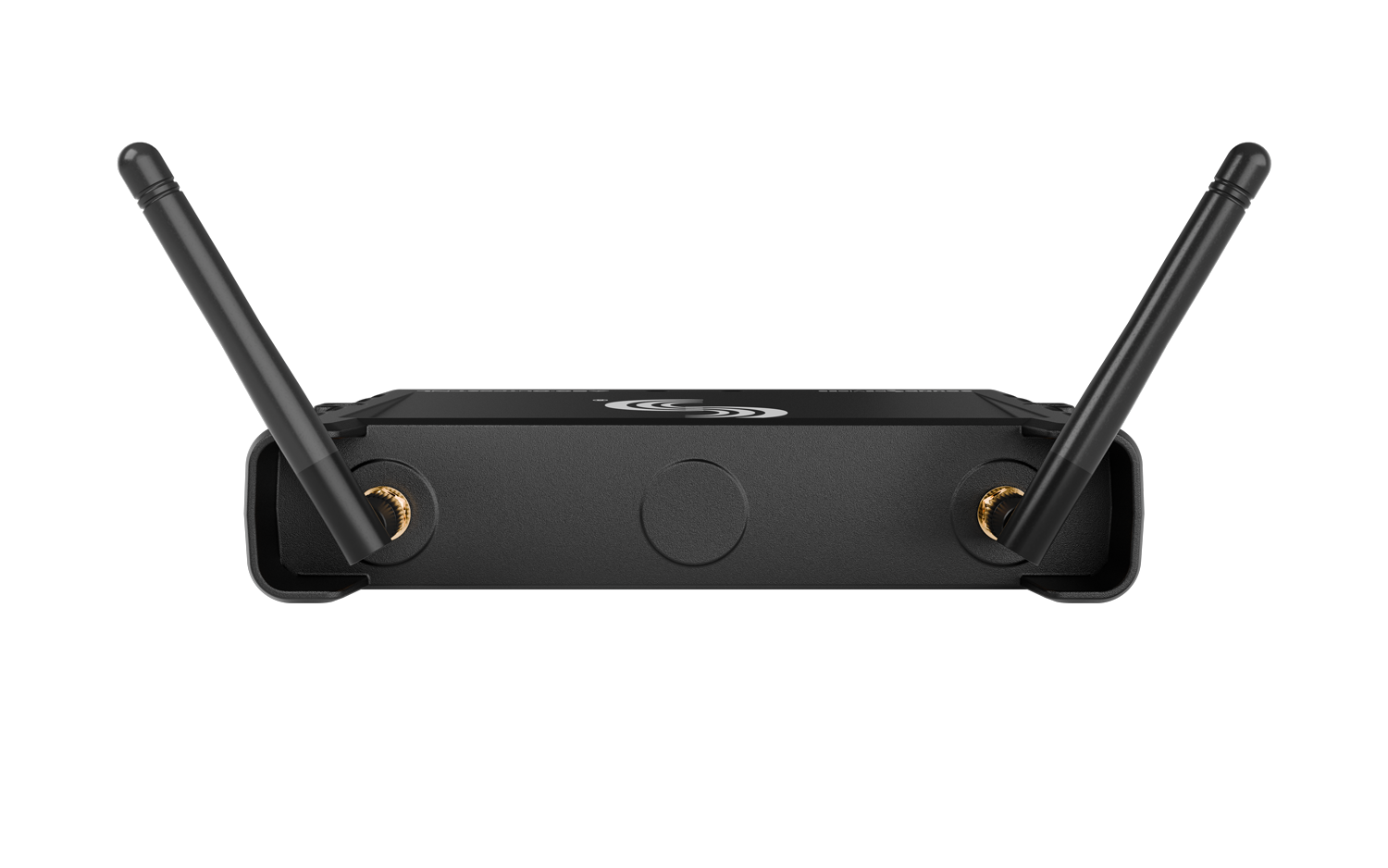 Wireless network extender front view with dual antennas and indicator lights, dark gray
