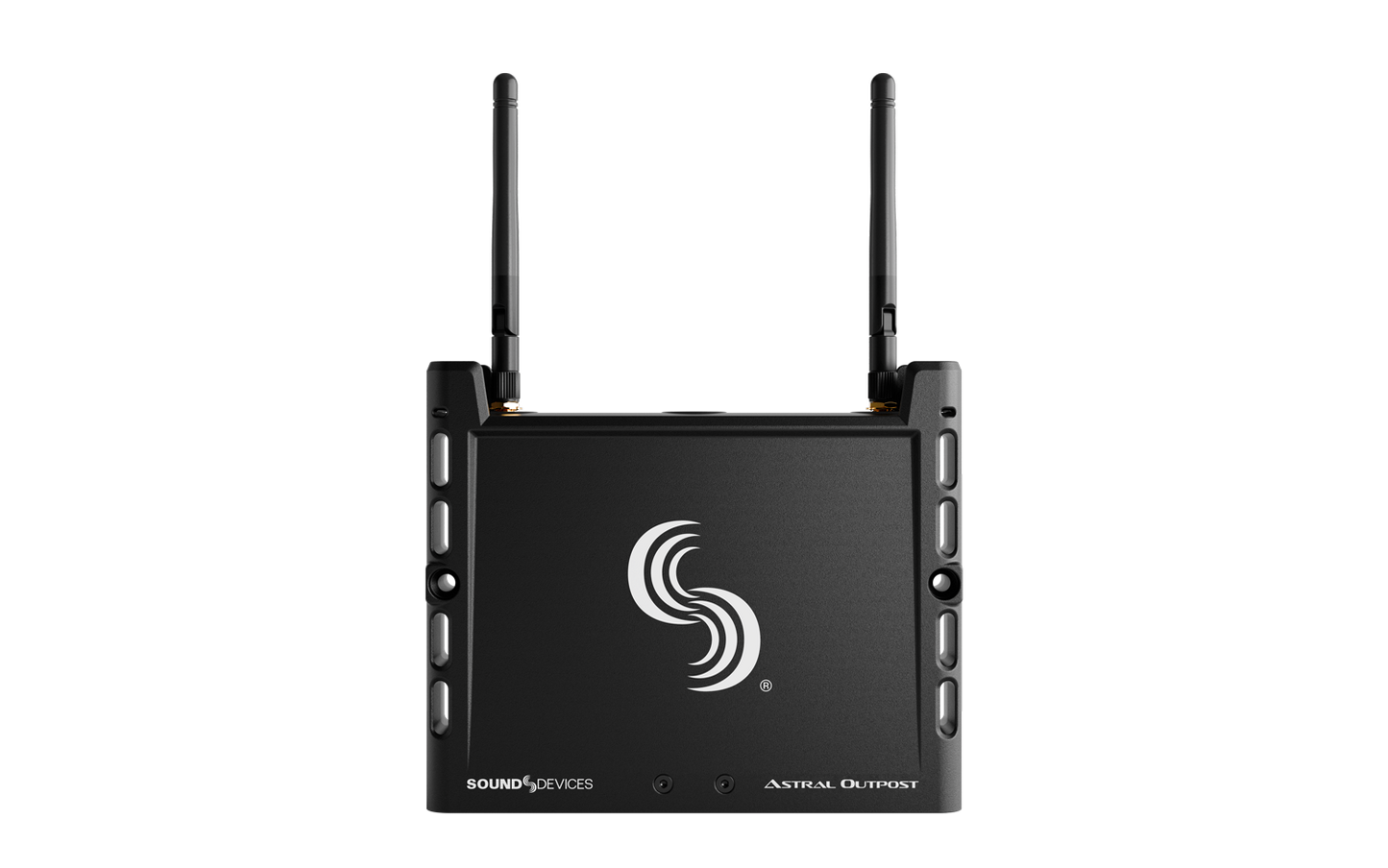 Wireless network extender with dual antennas and rear labels, dark gray