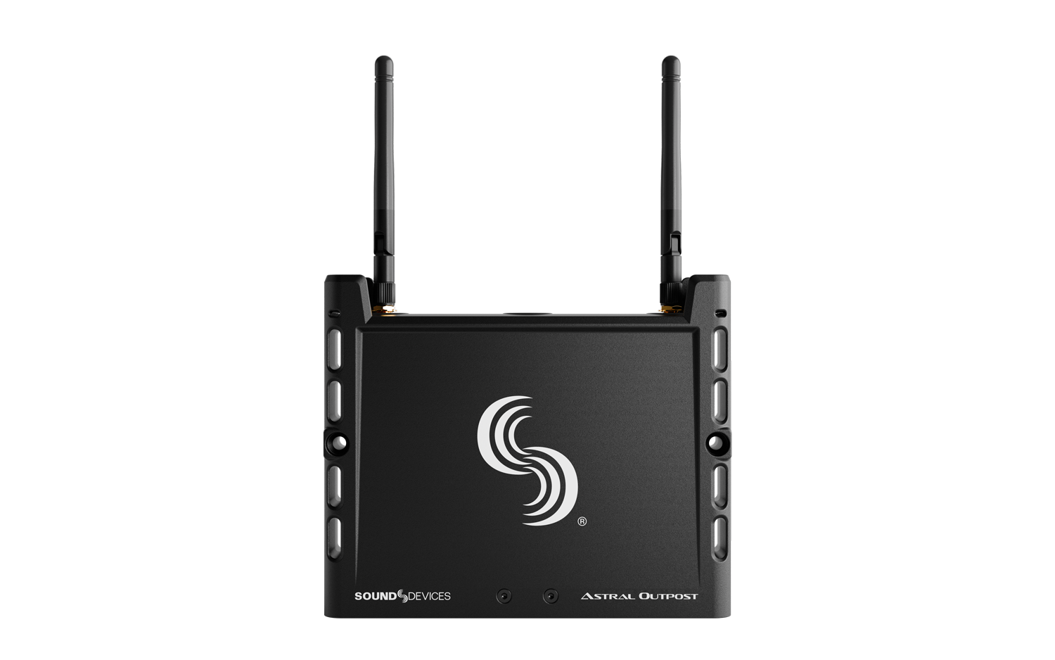 Wireless network extender with dual antennas and rear labels, dark gray