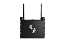 Wireless network extender with dual antennas and rear labels, dark gray