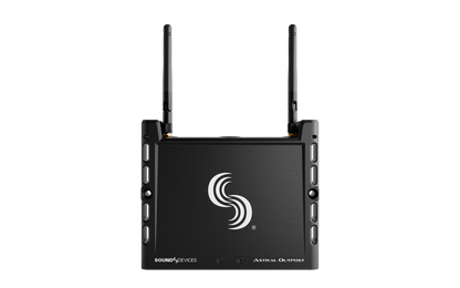 Wireless network extender with dual antennas and rear labels, dark gray