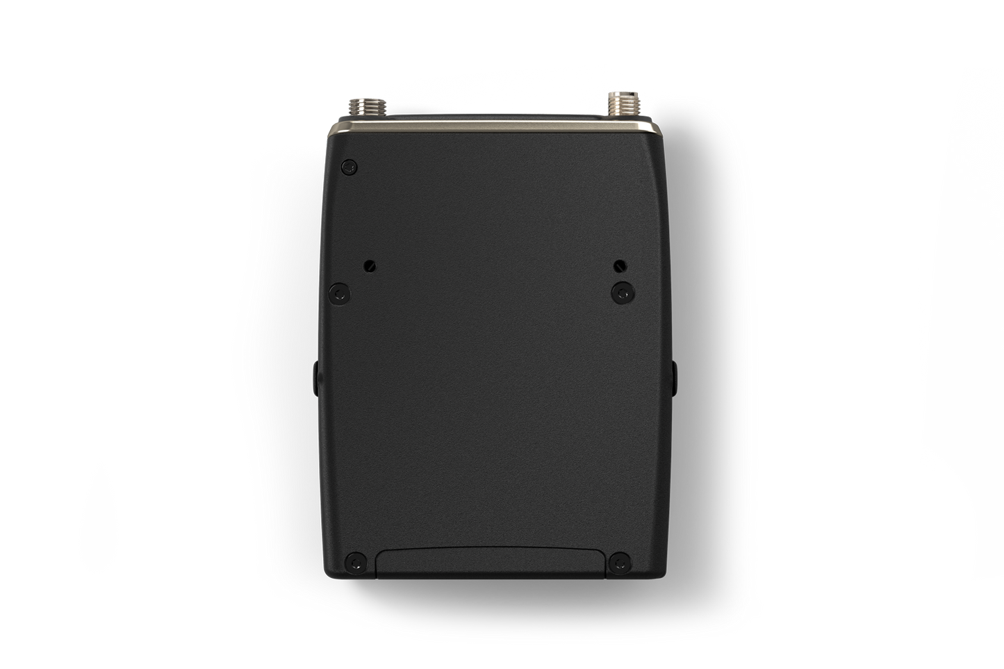 Portable audio device back panel with mounting screws and matte dark casing