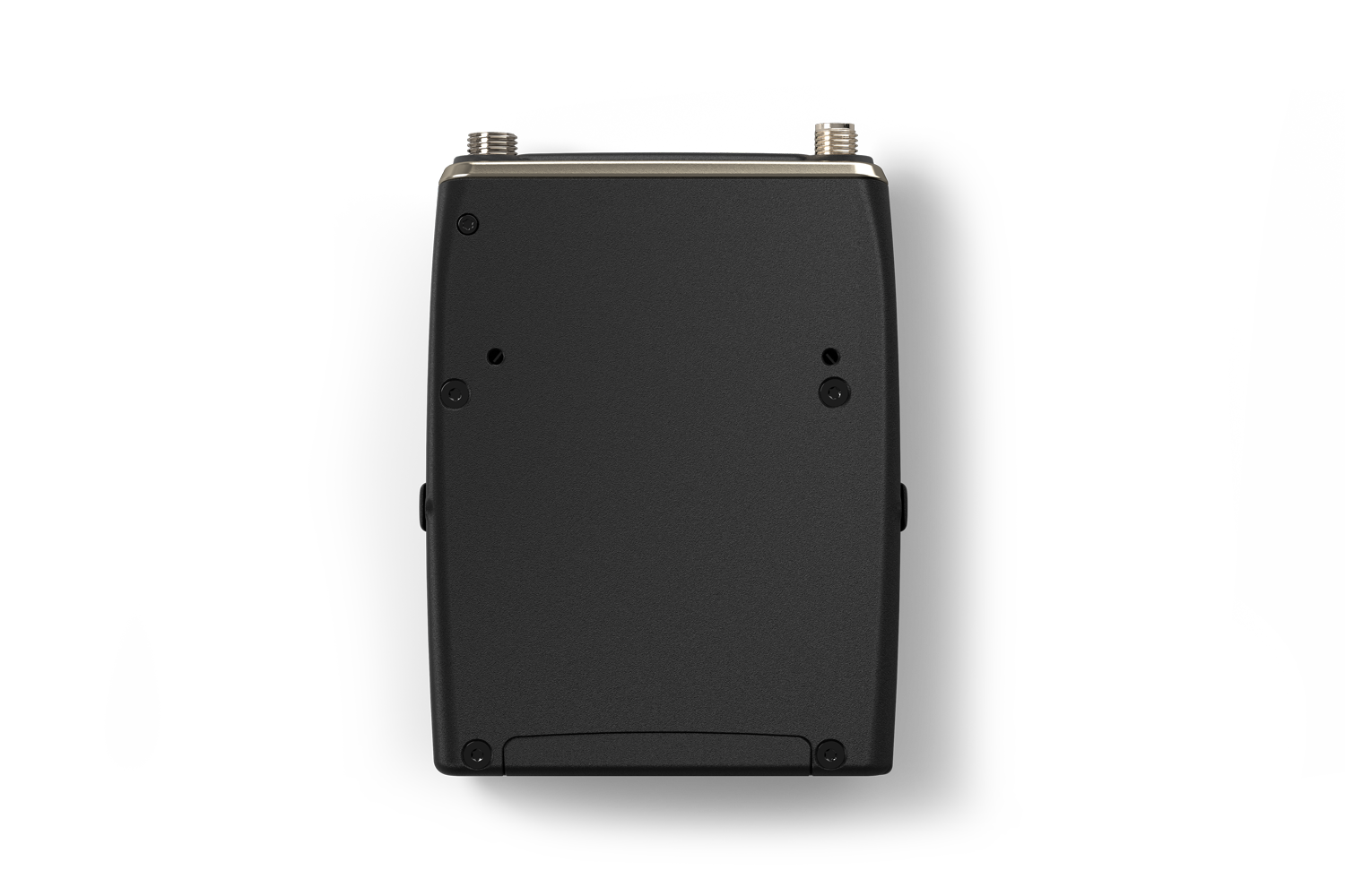 Portable audio device back panel with mounting screws and matte dark casing