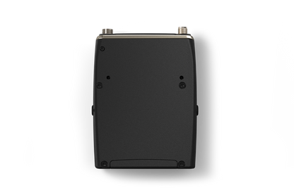 Portable audio device back panel with mounting screws and matte dark casing