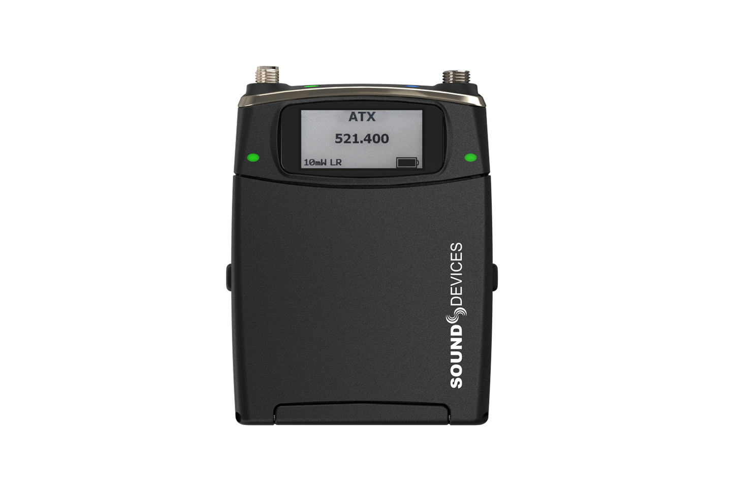 Portable audio device front with LCD display, ATX 521-400 label, and green LEDs