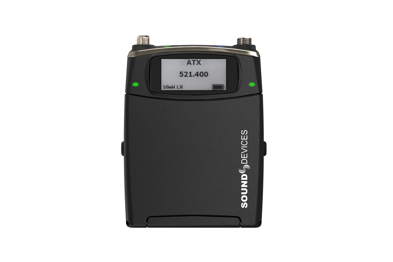 Portable audio device front with LCD display, ATX 521-400 label, and green LEDs