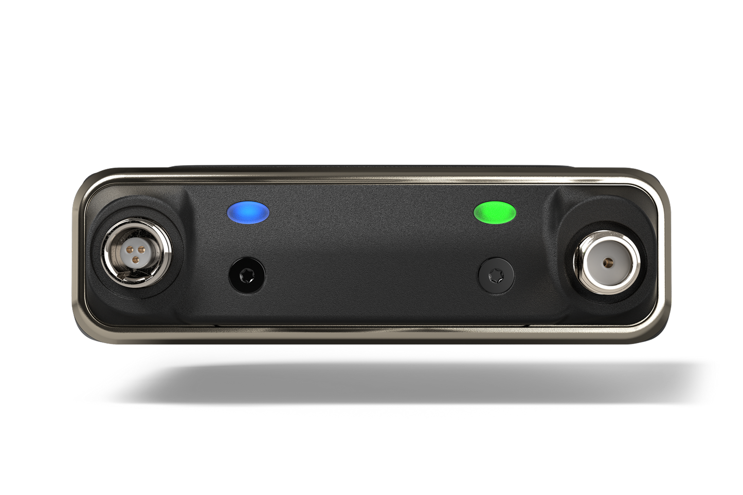 Portable audio device front panel with two circular connectors and blue/green status LEDs