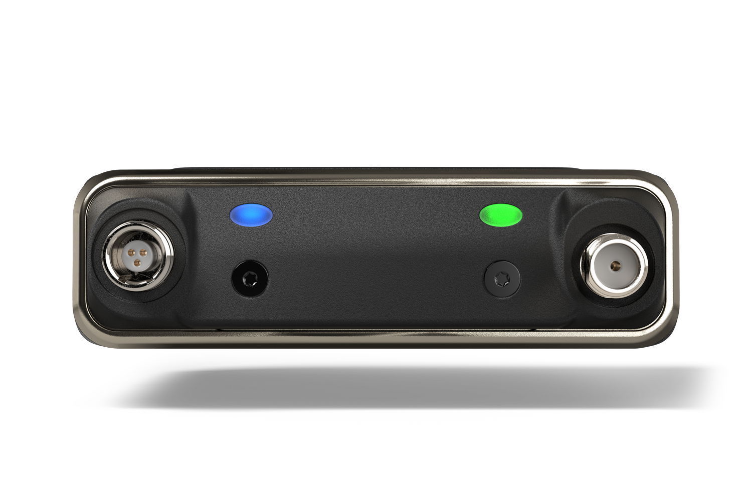 Portable audio device front panel with two circular connectors and blue/green status LEDs