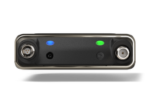 Portable audio device front panel with two circular connectors and blue/green status LEDs