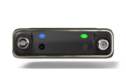 Portable audio device front panel with two circular connectors and blue/green status LEDs