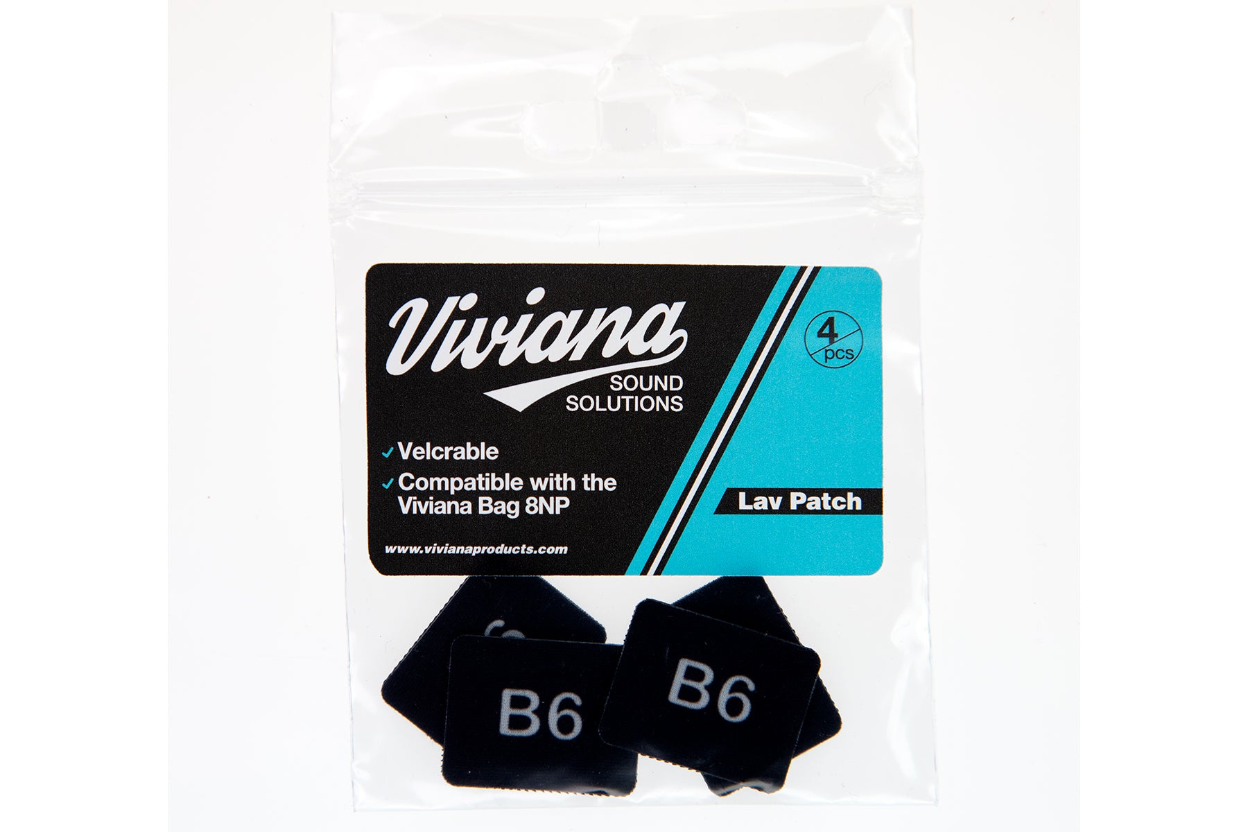 Black lav mic patches labeled B6, 4-pack in clear pouch.