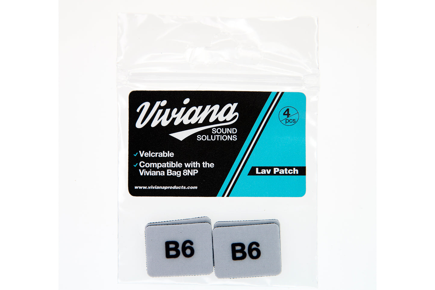 Light gray lav mic patches labeled B6, 4-pack in clear pouch.