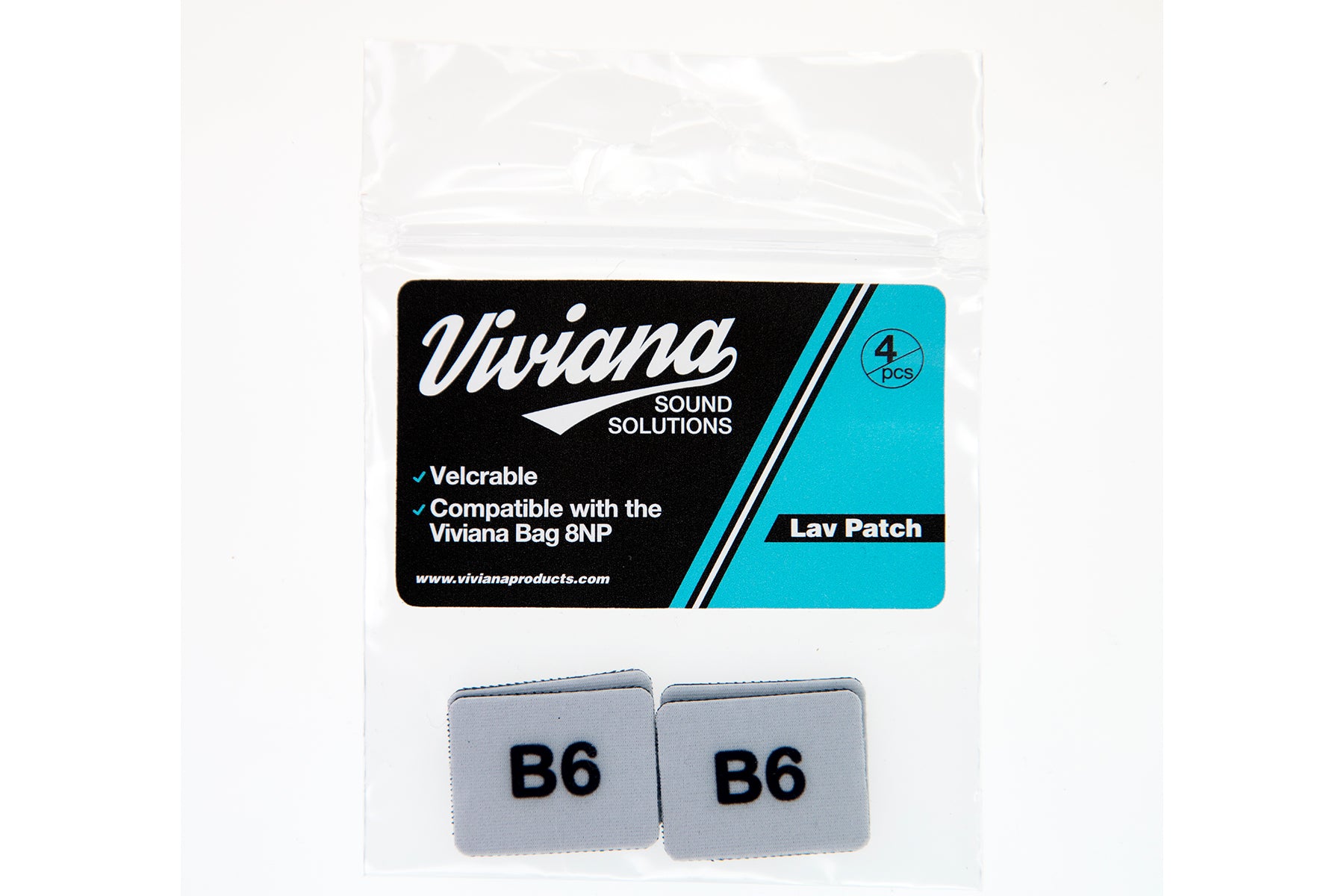 Light gray lav mic patches labeled B6, 4-pack in clear pouch.