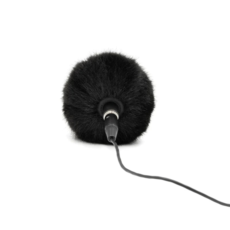 Black fuzzy microphone windscreen with attached cable connector