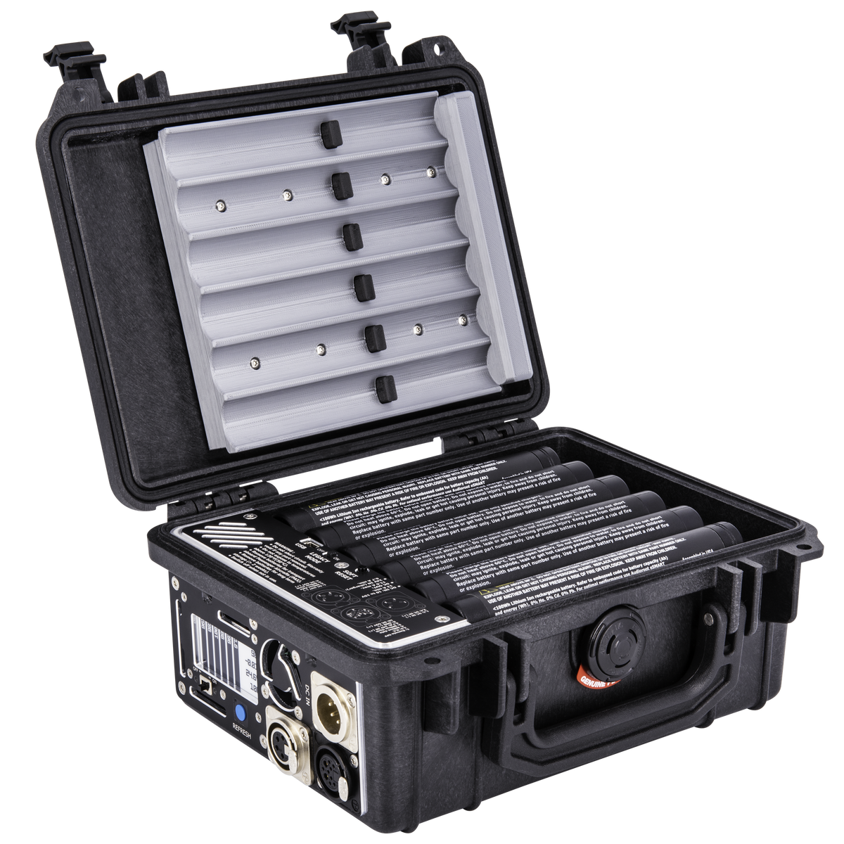 Audioroot eSMART BC1150 six-bay battery combiner open with batteries installed