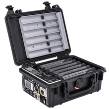 Audioroot eSMART BC1150 six-bay battery combiner open with batteries installed