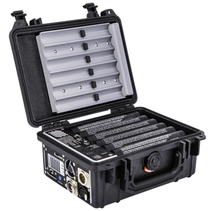Audioroot eSMART BC1150 six-bay battery combiner open with batteries installed