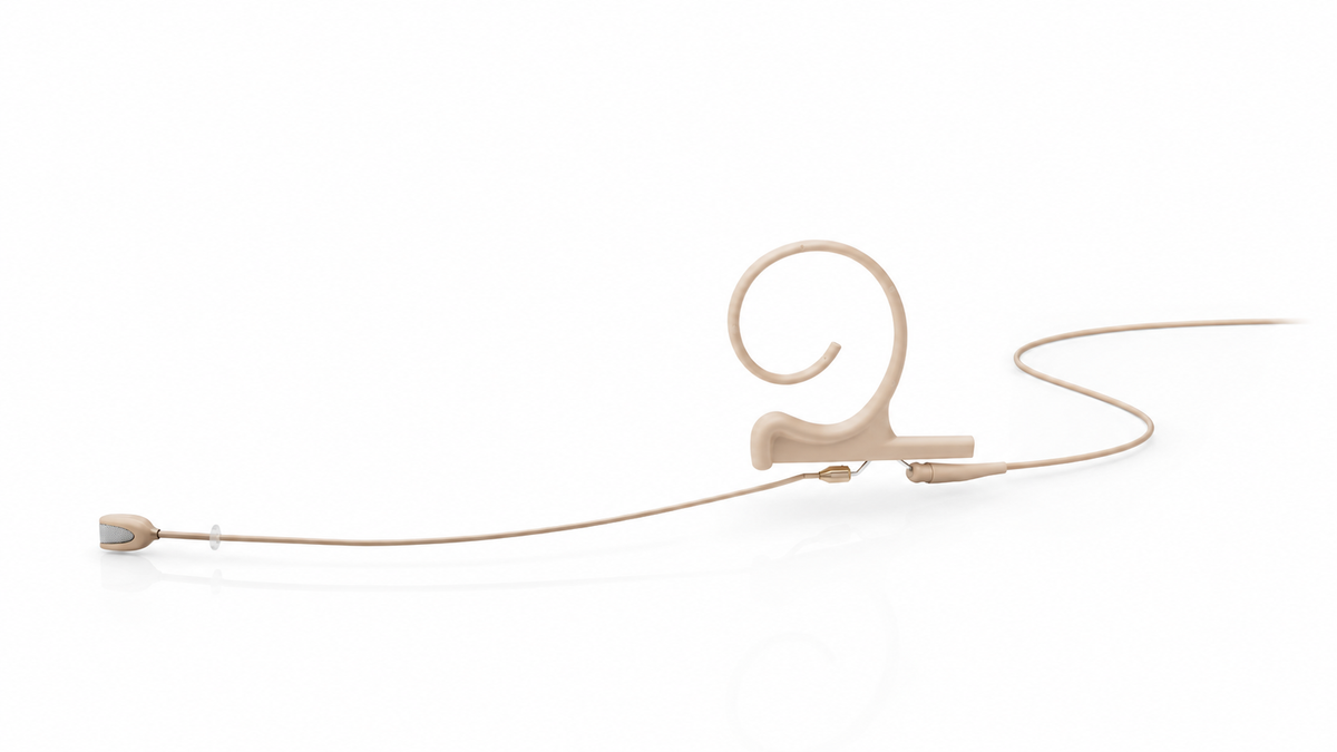 Beige omnidirectional flex earset microphone with curled ear hook and long boom