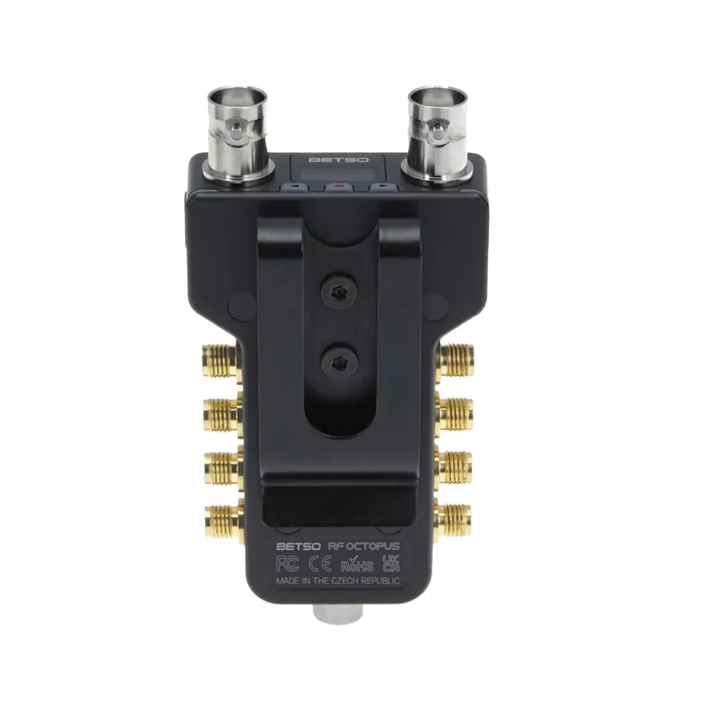 BETSO RF Octopus splitter/combiner tool, black body with top coax jacks and gold RF ports
