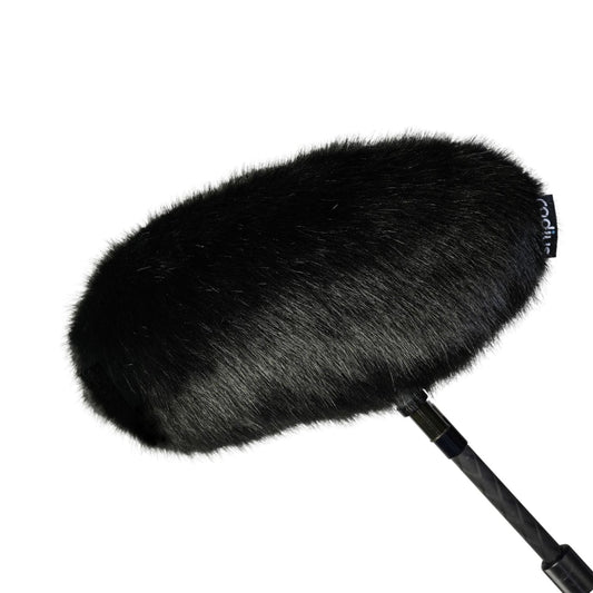 Black fur windcover for Cinela windshield blimp, oval pad with attachment stem