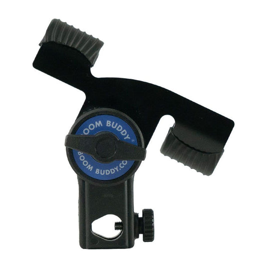 Black boom pole holder with Boom Buddy logo ring and two rubber grip arms