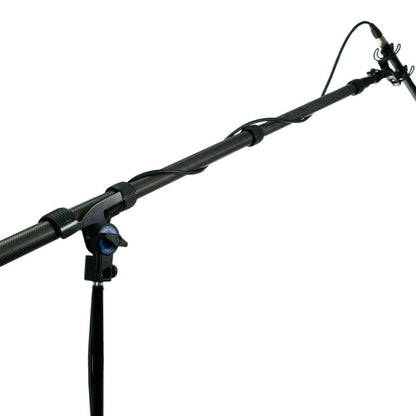 Black boom pole holder attached to a carbon-fiber style boom pole