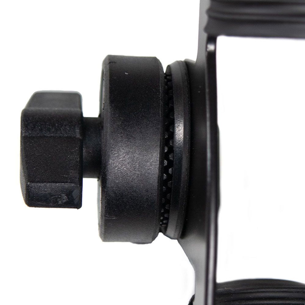 Close-up of black boom pole holder tightening dial and mounting clamp